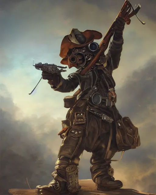 Image similar to oil painting of anthropomorphized hamster holding Rifle, steampunk clothes, close shot, full body, dark steampunk mine shaft background, sharp focus, fantasy style, octane render, volumetric lighting, 8k high definition, by greg rutkowski, highly detailed, trending on art Station, dungeons and dragons artwork, centered