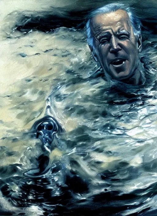 Image similar to joe biden drowning, water rushing lungs, fear!!!!!! scary, painting by phil hale, fransico goya,'action lines '!!!, graphic style, visible brushstrokes, motion blur, blurry, visible paint texture, crisp hd image