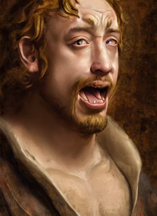 Prompt: Sam Hyde as an angry Medieval land owner, yelling, modeling for Renaissance, sigma male, accurately portrayed, portrait art by Rembrant and Michaelangelo, highly detailed, digital painting, concept art, illustration, dim lighting with rgb twilight rays of sunlight, trending on artstation, very detailed, smooth, sharp focus, octane render, close up