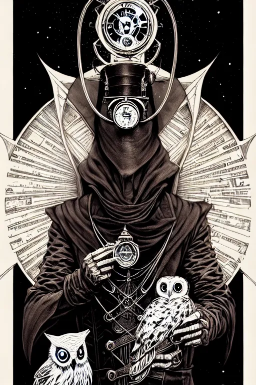 Prompt: a majestic steampunk alchemists cloaked wizard holding his pet owl, high details, bold line art, by vincent di fate and joe fenton, inking, etching, screen print, masterpiece, trending on artstation, sharp, high contrast, hyper - detailed,, hd, 4 k, 8 k