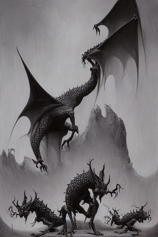 Prompt: zdzisław beksinski painting. a dragon protecting its hoard
