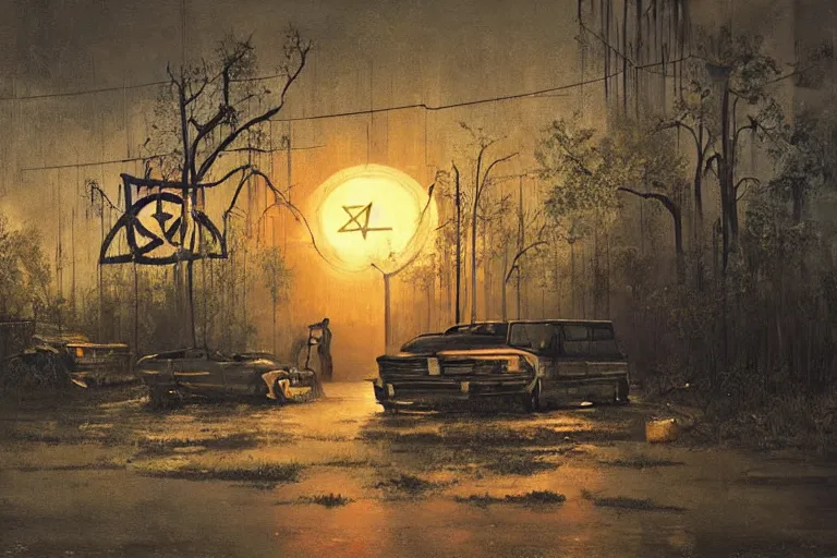 Image similar to scene from louisiana swamps, old protestant church with neon satanic pentagram, junkyard by the road, boy scout troop, voodoo artwork by tim eitel