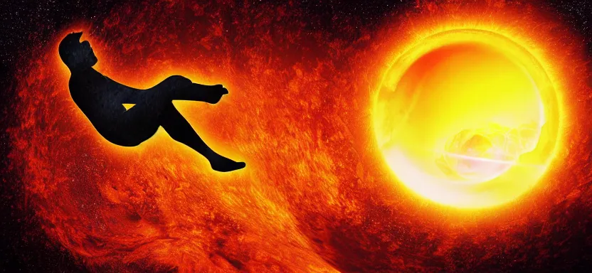 Prompt: silhouette of a man floating inside a burning sun in outer space, digital art, extreme detail