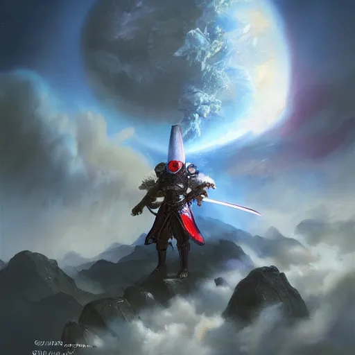 Image similar to a beautiful stunning interesting magic the gathering fantasy digital illustration of a samurai astronaut wearing a visored kabuto and armored space suit, carrying a sword on a planet with exotic and dangerous carnivorous plants, awesome and moody, by greg rutkowski and mark keathley, trending on artstation,