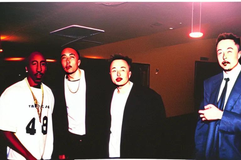 Prompt: old disposable camera picture with tupac shakur and elon musk, very detailed, award winning professional photography