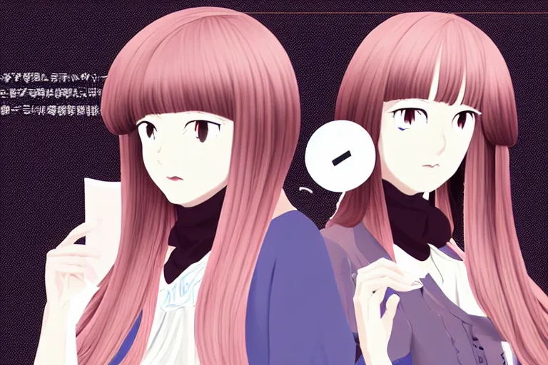 Prompt: portrait of two wise and very beautiful women discussing some texts appearing in a computer screen, in the style of bakemonogatari, intricate, elegant, highly detailed, smooth, sharp focus, artstation