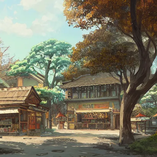 Image similar to concept art painting of a historic bakery with european and japanese architecture, in a woodland village surrounded by trees, realistic, detailed, cel shaded, in the style of makoto shinkai and greg rutkowski and james gurney