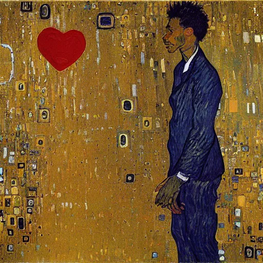 Image similar to artificial intelligence in love painting by van Gogh klimt Jean-Michel Basquiat