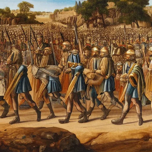 Prompt: the army of ancient Israel marching behind the ark of the covenant around the walls of ancient Jericho, 8k high detail