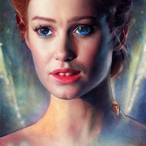 Image similar to realistic portrait charming beautiful painting from Cinderella film scene, when Cinderella become Terminator T1000. Horror, created by Raffaello Sanzi.
