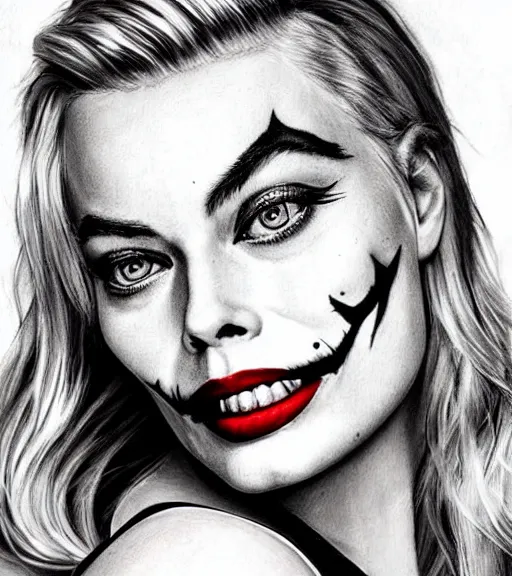 Image similar to tattoo design sketch of beautiful margot robbie portrait with joker makeup, in the style of den yakovlev, realistic face, black and white, realism tattoo, hyper realistic, highly detailed