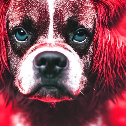 Image similar to ultra detailed photo of a demonic dog with red fur