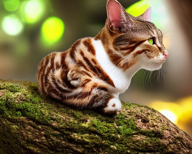 Image similar to 5 5 mm photo of a cat - snail hybrid, in a magical forest. dof. bokeh. by artgerm and greg rutkowsky. highly detailed 8 k. intricate. lifelike. realistic sony a 7 r iv. soft light. cinematic processing