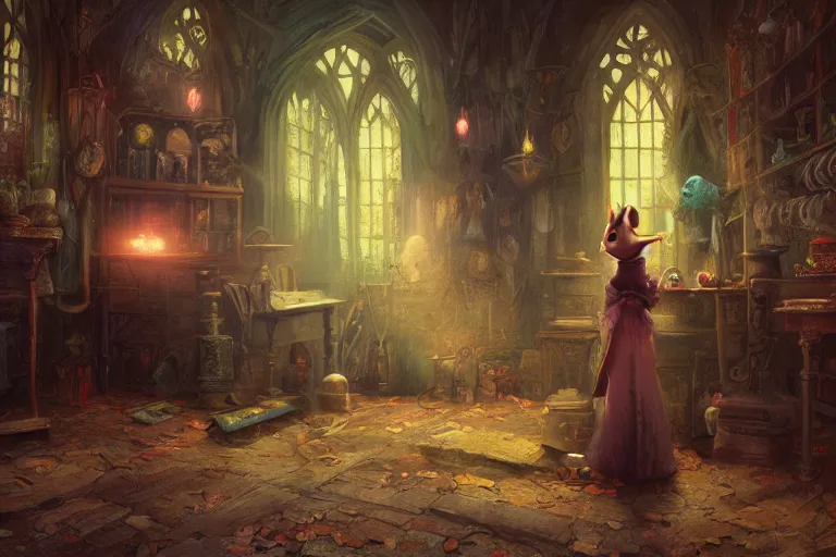 Image similar to A mouse in a Gothic atelier, oil painting, detailed, colorful, glowing lighting, 4k, depth of field, in the style of Yanjung Chen and Tom Bagshaw,