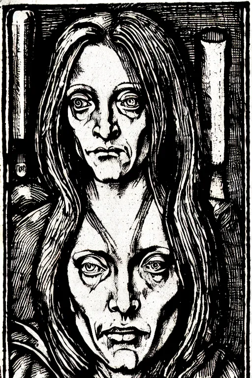 Prompt: dana scully of the apocalypse, pen and ink illustration / renaissance woodcut by albrecht durer 1 4 9 6, 1 2 0 0 dpi scan, ultrasharp detail, hq scan, intricate details, stylized border