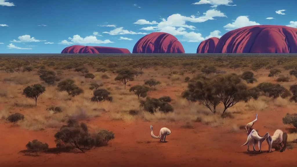 Image similar to australia, outback, uluru, kangaroos, ghibli style, makoto shinkai