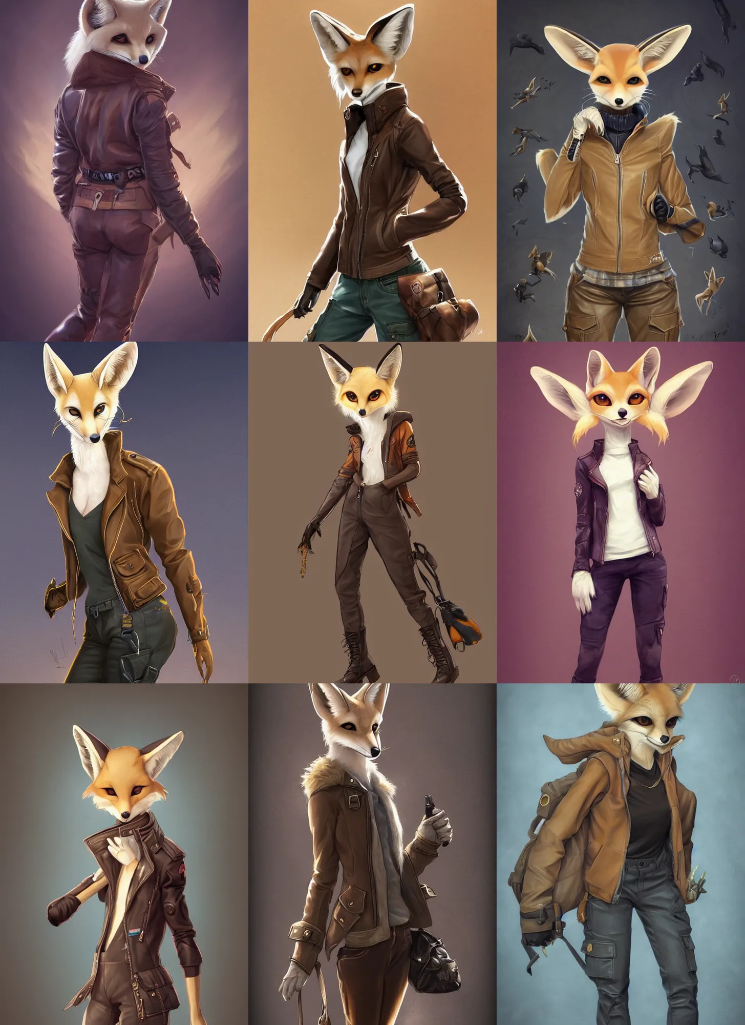 Prompt: beautiful portrait of a female anthropomorphic fennec fox fursona wearing a leather jacket. leather gloves. leather boots. cargo pants. character design by charlie bowater, ross tran, artgerm, and makoto shinkai, detailed, soft lighting, rendered in octane