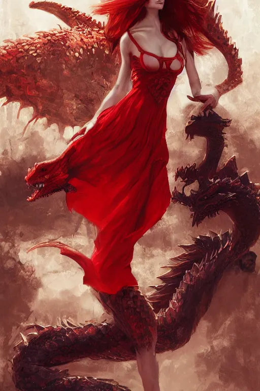 Image similar to Red hair woman in a sundress with a red dragon ,by Jaime Jones, Raymond swanland, Ruan Jia, Kentaro Miura, Artgerm,