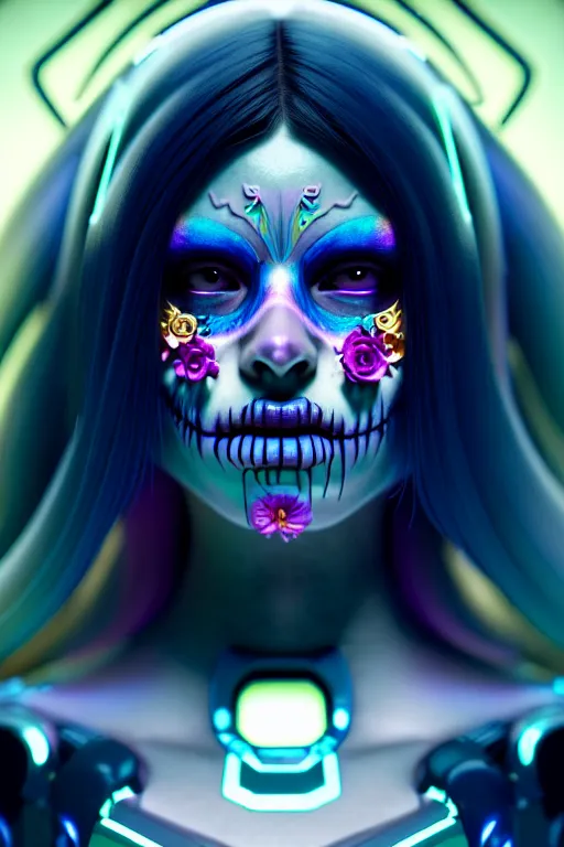 Image similar to ultra detailed, ethereal closeup photo of female android, flowerpunk, studio photo, floodlight, fantasy art, octane render, unreal engine, dia de los muertos, photorealistic concept art, triadic color scheme, art by artgerm and wlop and giger and greg rutkowski and alphonse mucha, 8 k