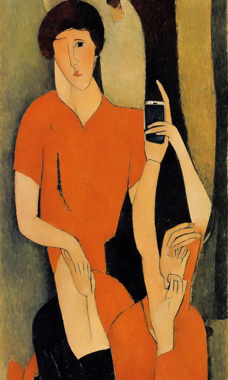 Image similar to amedeo modigliani. portrait of a woman with brown hair and a blue shirt holding an iphone in her hand. very soft brush.