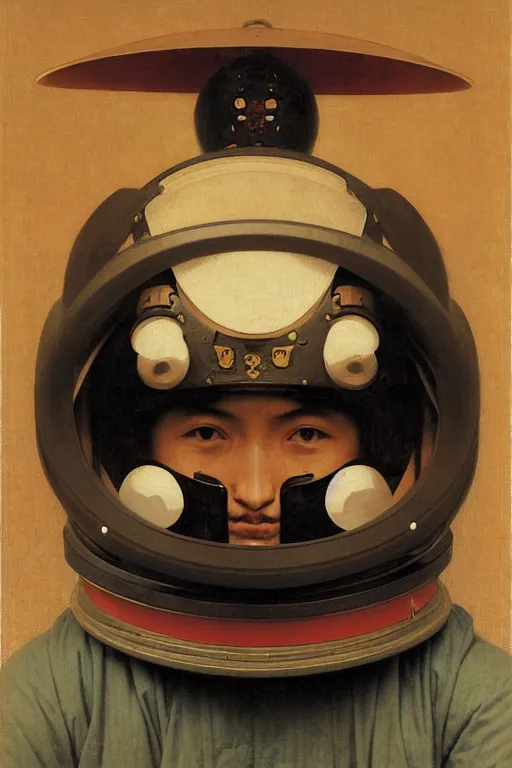 Prompt: portrait of a astronaut in samurai helmets, by bouguereau