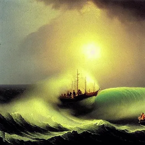 Prompt: the drawing depicts a huge wave about to crash down on three small boats. the boats are filled with people, and they all look terrified. catholicpunk by ivan aivazovsky curvaceous, ornamented