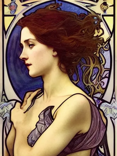 Image similar to a beautiful painting of young gillian anderson by Alphonse Mucha and by arthur rackham and by james jean and by Mark Brooks and by john william waterhouse, Art Nouveau, Neo-Gothic, gothic, award winning painting, hyperdetailed, detailed