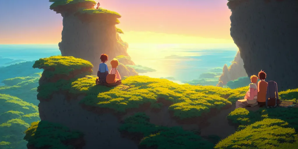 Prompt: a couple sitting over the precipice, looking at sunset, studio ghibli, pixar and disney animation, sharp, rendered in unreal engine 5, anime key art by greg rutkowski, bloom, dramatic lighting