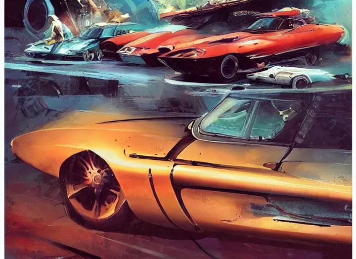 Image similar to ( ( ( ( ( jaguar e - type car, car concept art, sci - fi illustration, painting, in the style of star wars ) ) ) ) ) by vincent di fate and john berkey and blade runner 2 0 4 9!!!!!!!