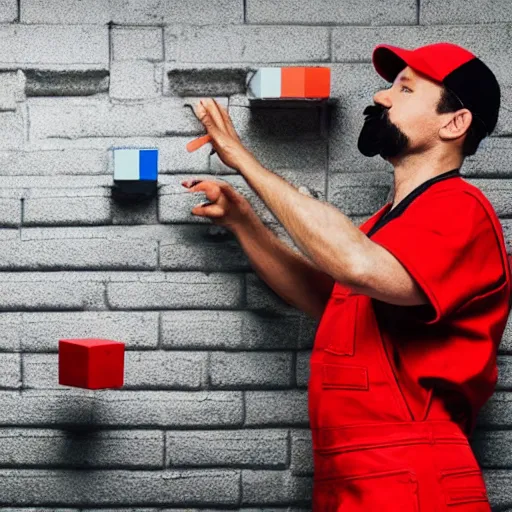 Image similar to plumber with a mustache, red overalls, jumping to hit a brick cube floating above the ground