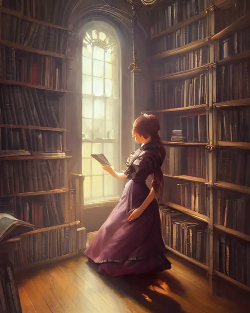 Image similar to a portrait of a victorian maid with long, flowing, auburn hair, standing in a victorian reading room, window, short bookshelf, holding a stack of books, vivid colors, soft lighting, atmospheric, cinematic, moody, in the style of Ilya Kuvshinov and Range Murata, Krenz Cushart, oil on canvas, anime, 8K