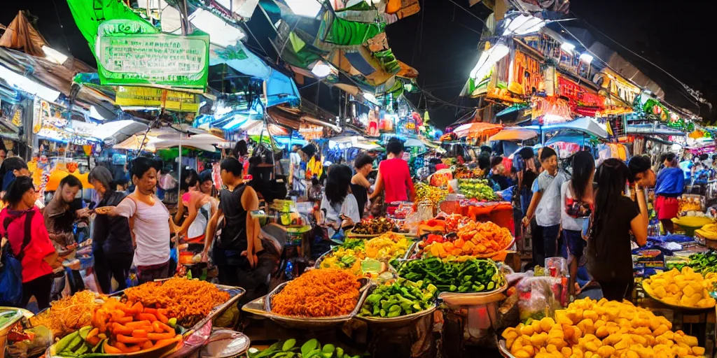 Image similar to bangkok night market with food stalls and vegetable stands, raining, photography