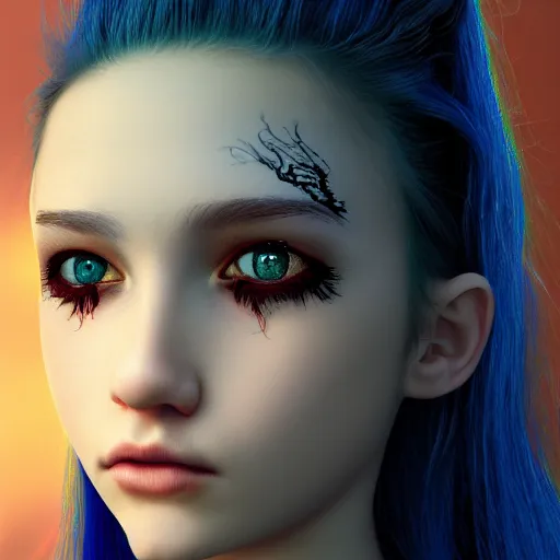 Image similar to The dragon girl portrait, portrait of young girl half dragon half human, dragon girl, dragon skin, dragon eyes, dragon crown, blue hair, long hair, highly detailed, cinematic lighting, by David Lynch and Sofia Coppola