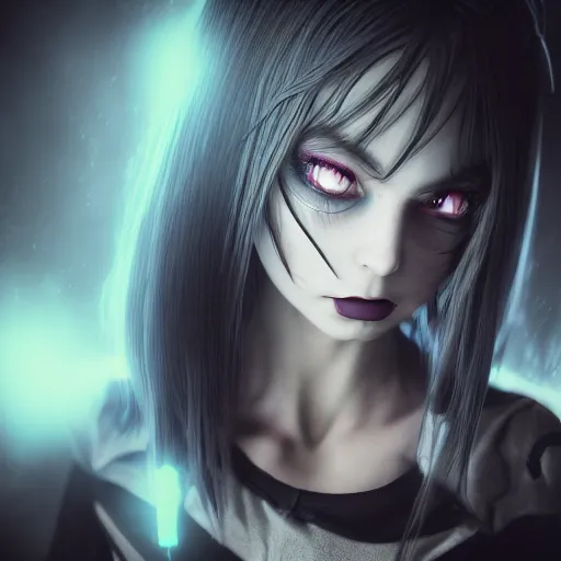 Image similar to photorealistic full shot portrait of angry darkness anime girl, electric aura, inspired by tim burton, detailed, unreal engine 4 k, volumetric light, fog