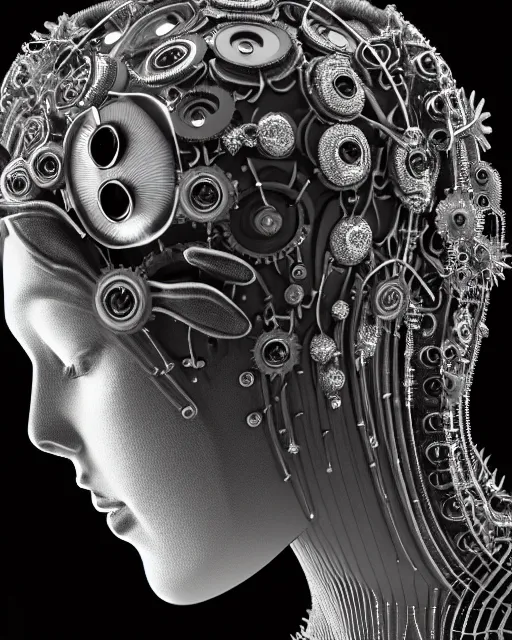Image similar to mythical black and white organic bio-mechanical spinal ribbed profile face portrait detail of silver mechanical beautiful female angelic-queen-vegetal-cyborg, highly detailed, intricate steampunk flower and diamonds and gemstones ornate, poetic, 3D render, digital art, octane render, 8K artistic photography, photo-realistic, by Dora Maar