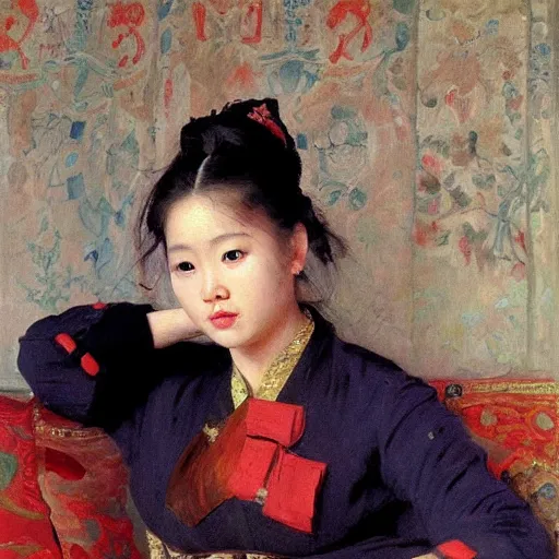 Image similar to portrait of asian beautiful woman talking smartphone masterpiece painting by vasnetsov and surikov, JEAN-VICTOR BERTIN, by Terence Cuneo, detailed, artfully traced, 4k resolution, cinematic, dramatic