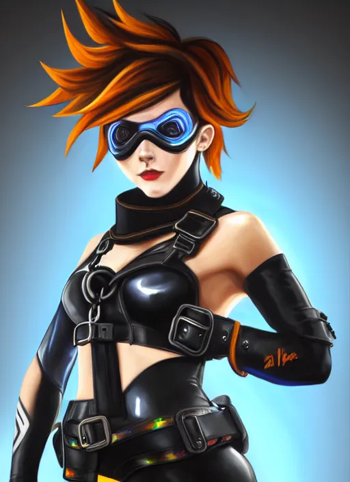 Image similar to oil painting digital artwork of tracer overwatch, confident pose, wearing black iridescent rainbow latex, 4 k, expressive happy smug expression, makeup, in style of mark arian, wearing leather collar, wearing sleek armor, black leather harness, expressive detailed face and eyes,