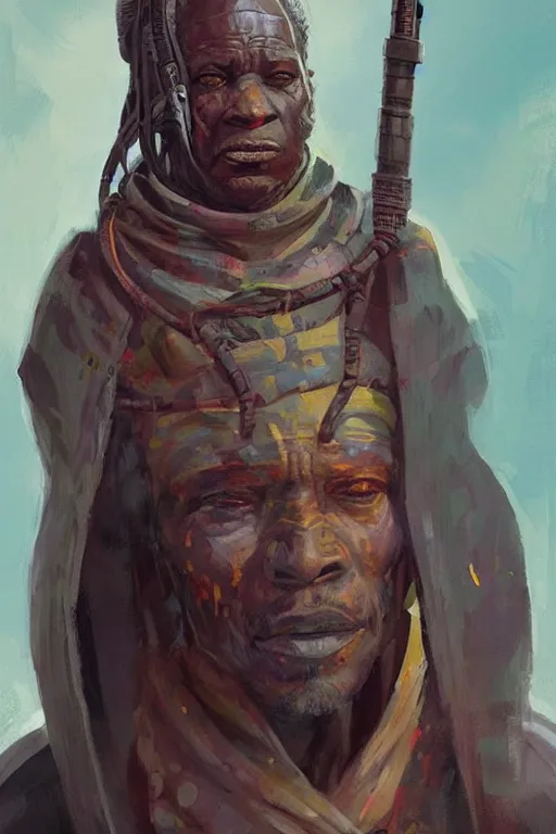 Image similar to a full body sci-fi portrait, oil painting, illustration of an old African Jedi, colourful, by Justin Sweet and Greg Rutkowski and Alphones Much