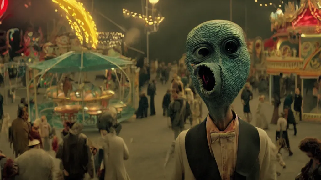 Image similar to the strange creature at the carnival, , film still from the movie directed by Denis Villeneuve with art direction by Salvador Dalí, wide lens