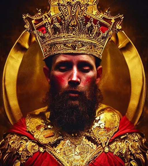 Image similar to 'Portrait of Crowned King Arthur' by Lee Jeffries royally decorated, whirling plasma, atmospheric motes, red and gold Sumptuous garb, gilt silk fabric, radiant colors, fantasy, perfect lighting, studio lit, micro details,