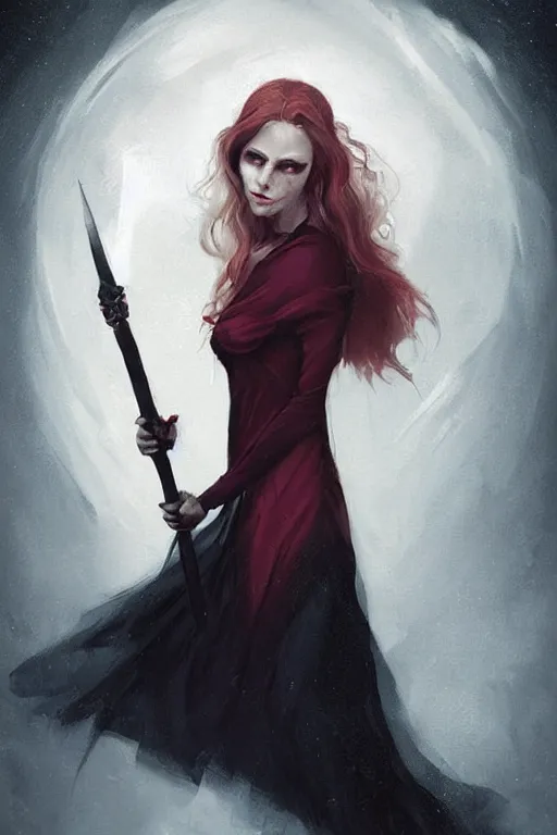 Image similar to female occultist, sweeping wild blonde hair, red eyes, portrait, high cheekbones, smug, evil, Victorian, black velvet dress, dark colors, ruby jewelry, fantasy painting, trending in Artstation, GSociety, by Charlie Bowater, Brom, Bastien Lecouffe-Deharme