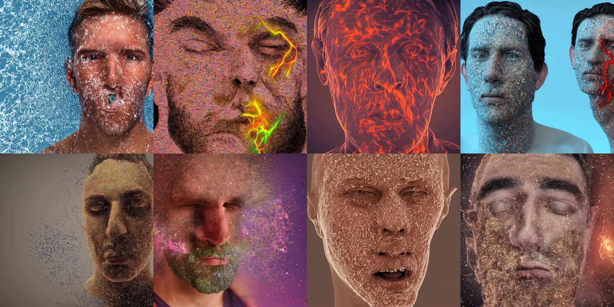 Prompt: trippy artwork of a man\'s face exploding into particles of sand, very detailed, physics simulation, 8k