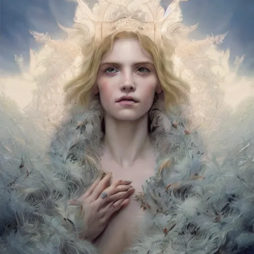 Image similar to portrait painting of a beautiful blonde lady with a kind face wearing a feathered cloak and noble garments, ultra realistic, concept art, intricate details, eerie, highly detailed, photorealistic, octane render, 8 k, unreal engine. art by artgerm and greg rutkowski and charlie bowater and magali villeneuve and alphonse mucha