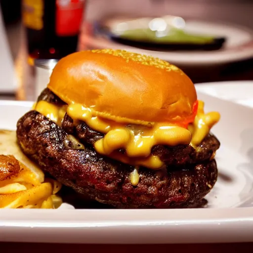Image similar to a burger where the patty is replaced with macaroni and cheese, food photography, michelin star