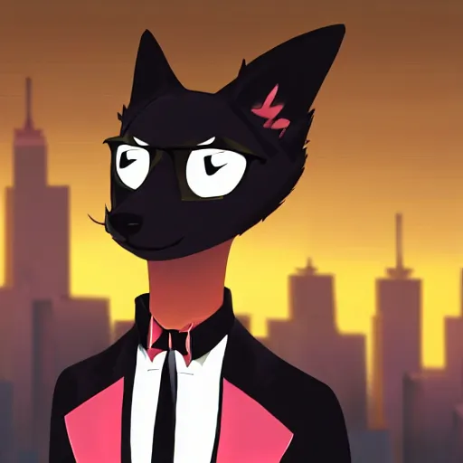 Image similar to a black anthropomorphic male fox furry wearing a fancy suit in the city at sunset, modern anime style