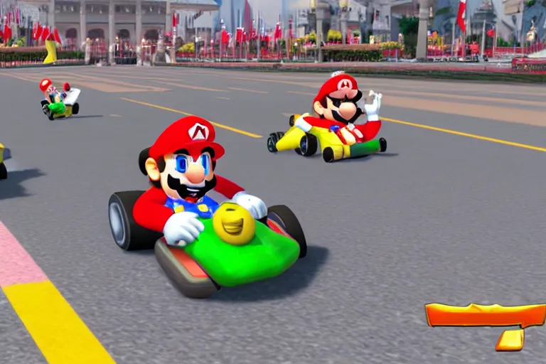 Image similar to mario kart in tiananmen square, ingame screenshot, highly detailed