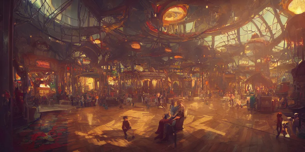 Prompt: amusement park interior design, Greg Rutkowski, Zabrocki, Karlkka, Jayison Devadas, trending on Artstation, 8K, ultra wide angle, pincushion lens effect.