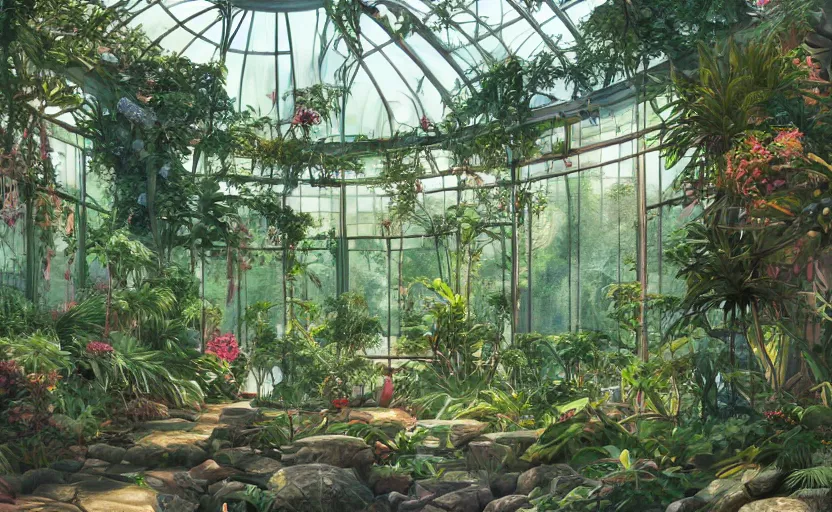 Prompt: gymasium, japanese garden, jungle, greenhouse, sunrays, bay window, indoor, highly detailed, digital painting, artstation, art nouveau, concept art, sharp focus, illustration