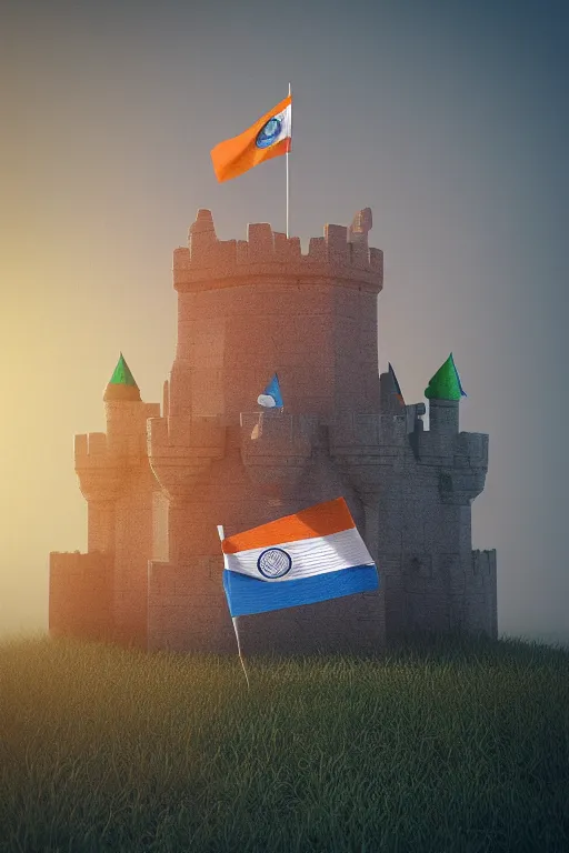 Image similar to indian flag on castle, 3 d, volumetric, photo by alexey kurylev clouds, octane, 3 d render, 3 ds max + vray, art by beeple, india, cinematic