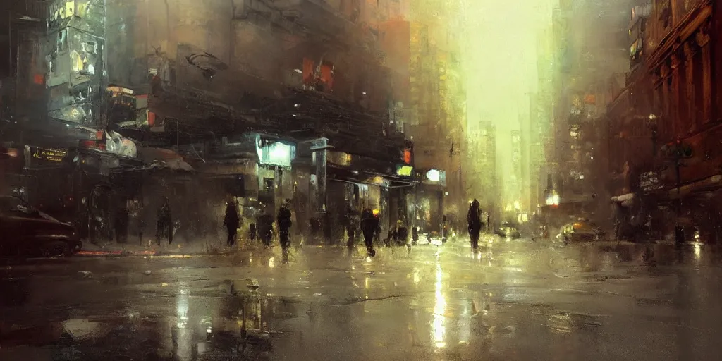 Image similar to street scene, volumetric lighting, painting by jeremy mann